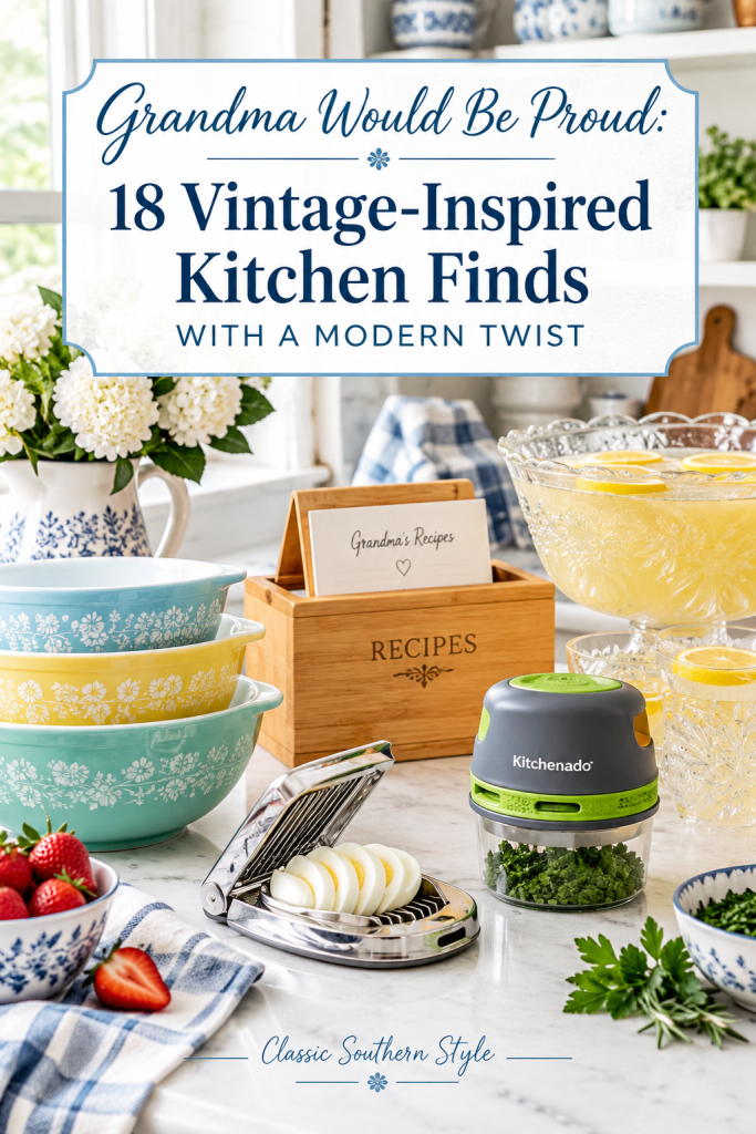 A beautifully arranged kitchen scene featuring vintage-inspired bowls in soft colors, a wooden recipe box labeled 'Grandma's Recipes', a food slicer with sliced eggs, a Kitchenado food chopper, fresh herbs, and strawberries on a marble countertop.