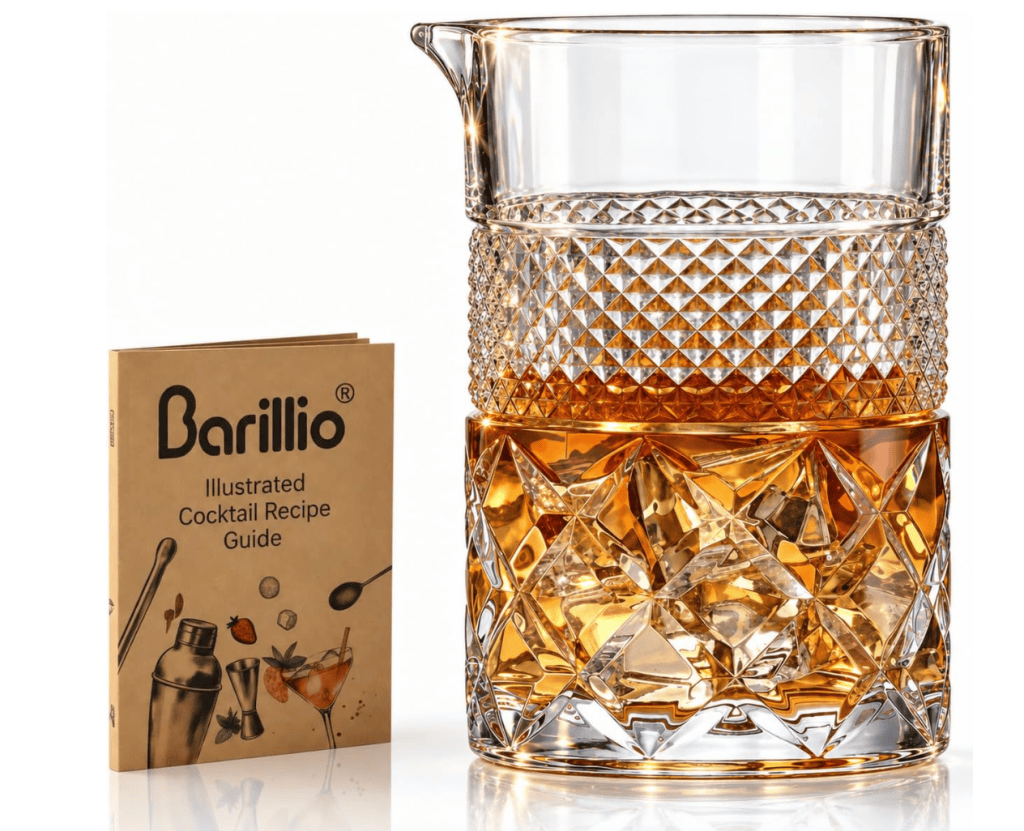 A crystal cocktail pitcher filled with amber liquid next to an illustrated cocktail recipe guide titled 'Barillio'.