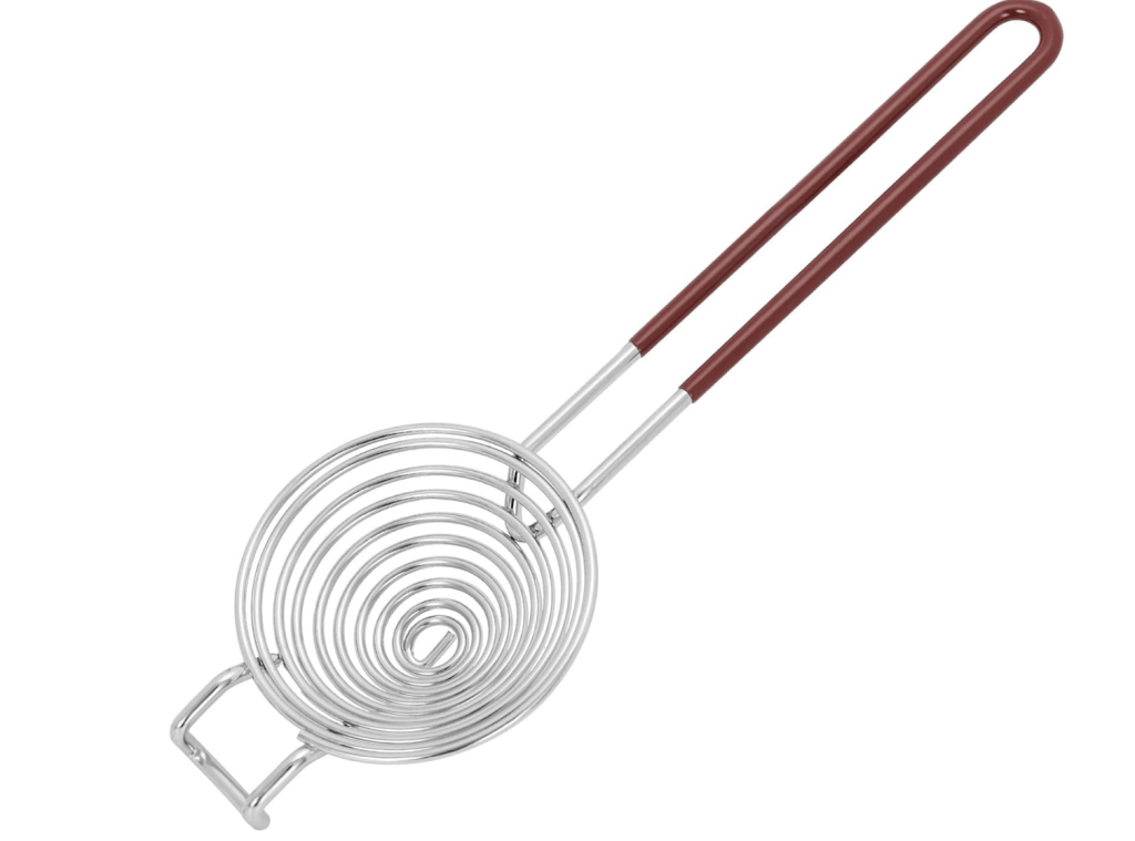 A stainless steel skimmer with a spiral design and red rubber handles.