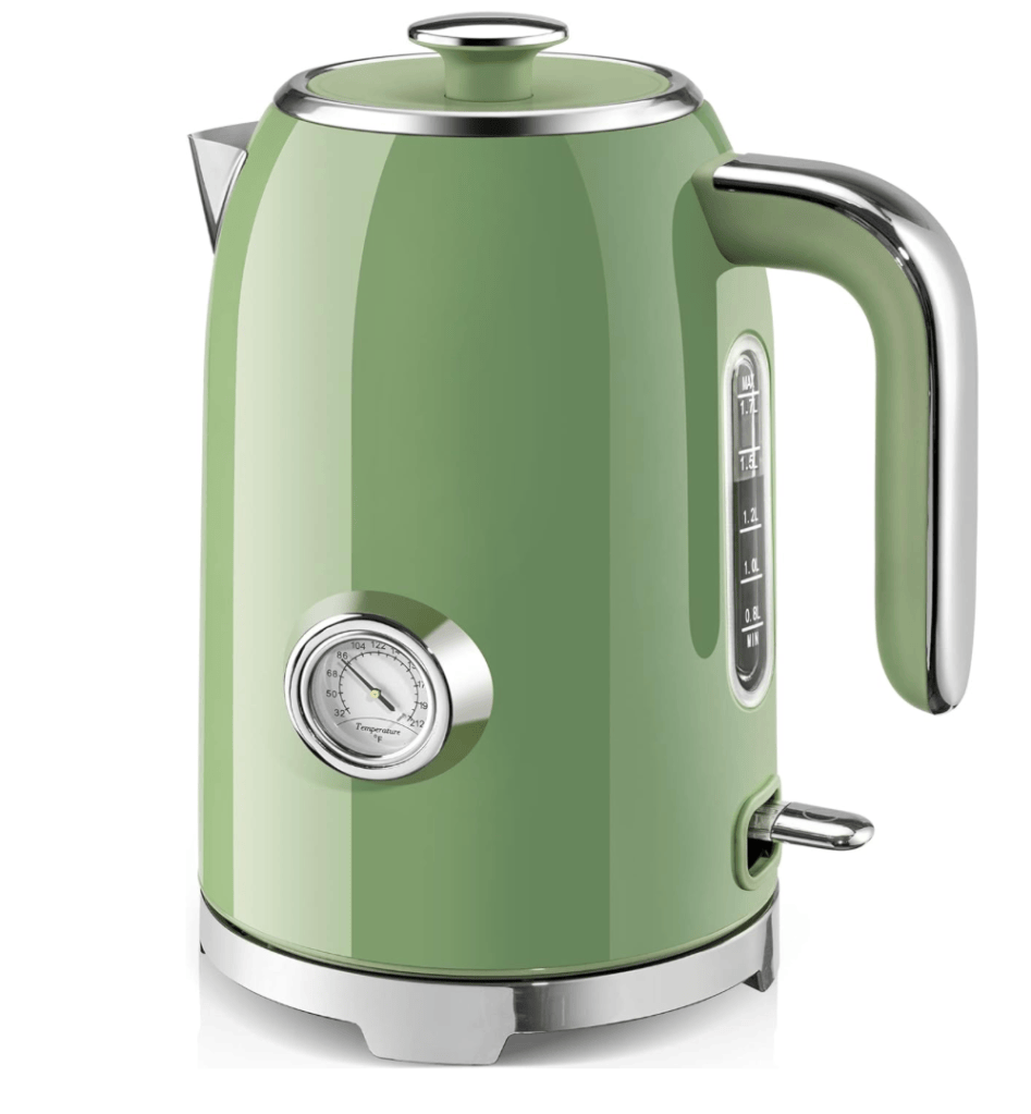 A green electric kettle with a shiny chrome handle and a temperature gauge on the front.
